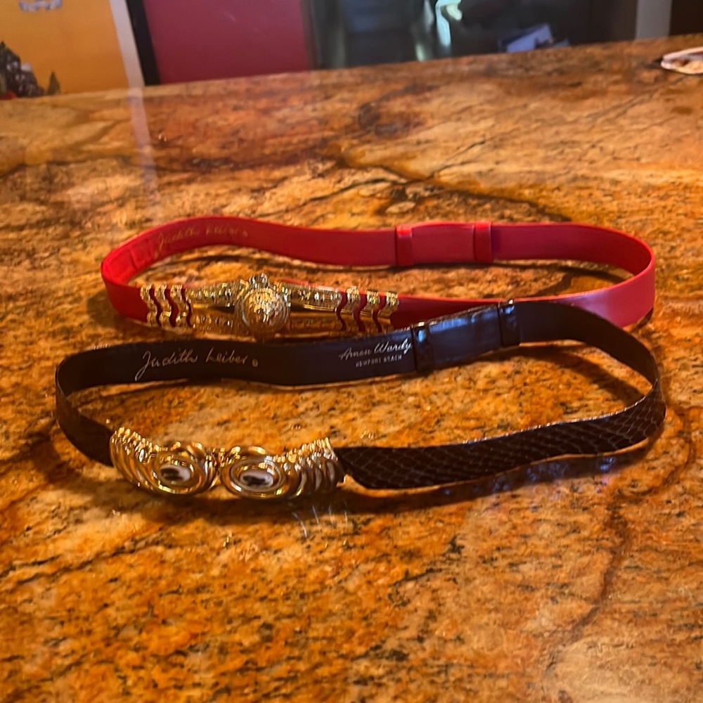 2 Judith Leiber Belts 1- Red 1- Brown “Snakeskin”